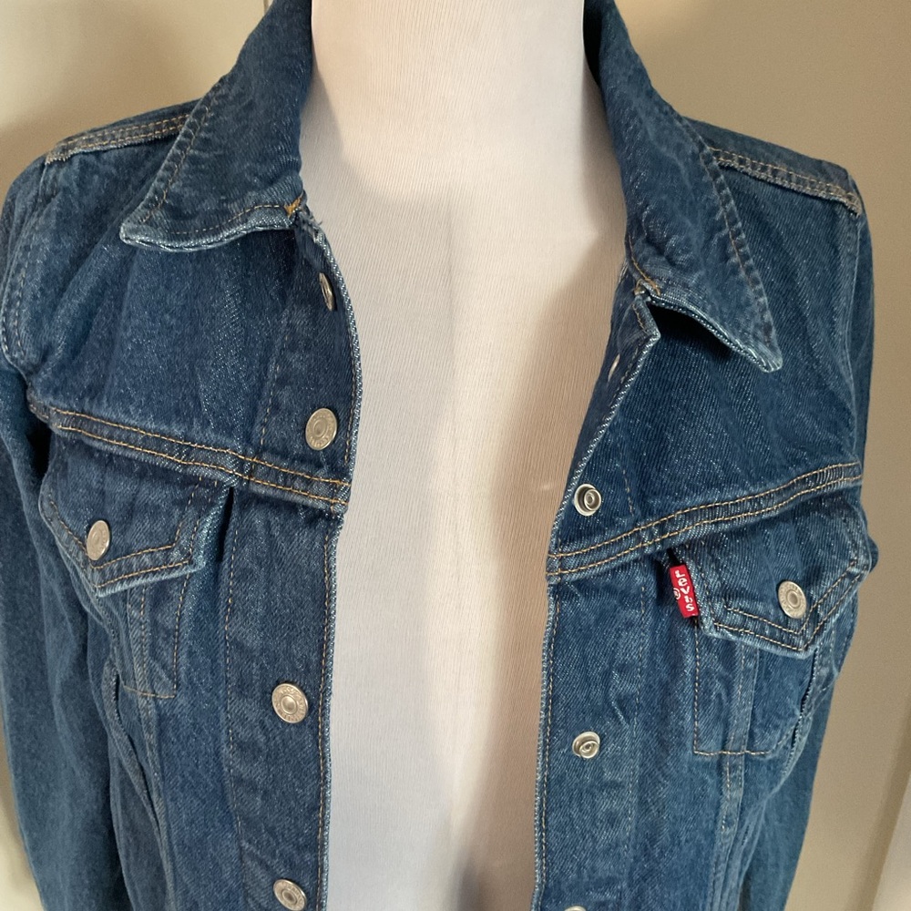 Levi's Original Rib Trim Trucker Jacket Small S Indigo Denim Striped Hem Cuffs - Picture 3 of 6